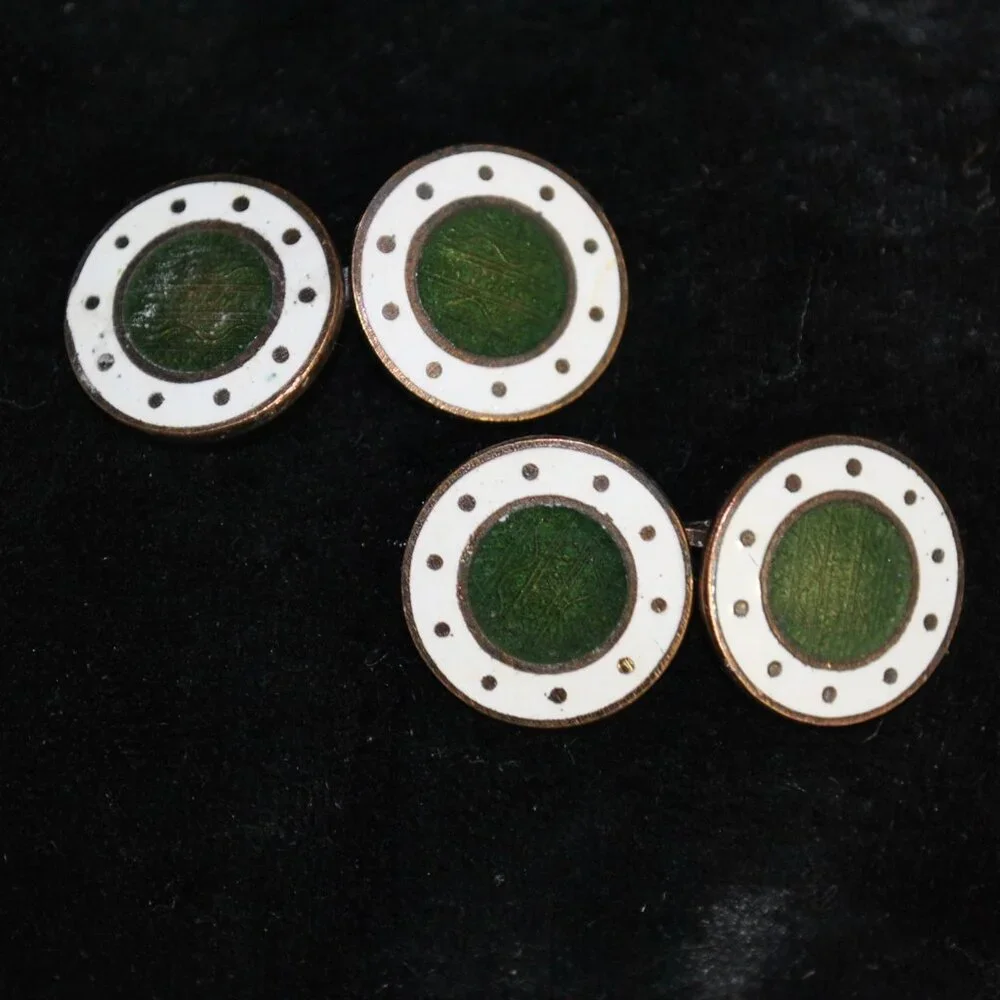 Antique Round White & Green Guilloche Enamel